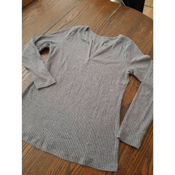 New Medium Dark Grey Long Sleeve Lightweight Deep V-Neck Sweater - Picture 1 of 3